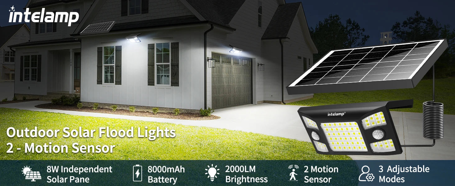 Intelamp 2000LM 8000mah Outdoor Solar Lights With Two Motion Sensors Larger Solar Panel Solar Lamp IP65 For Street Garden Path