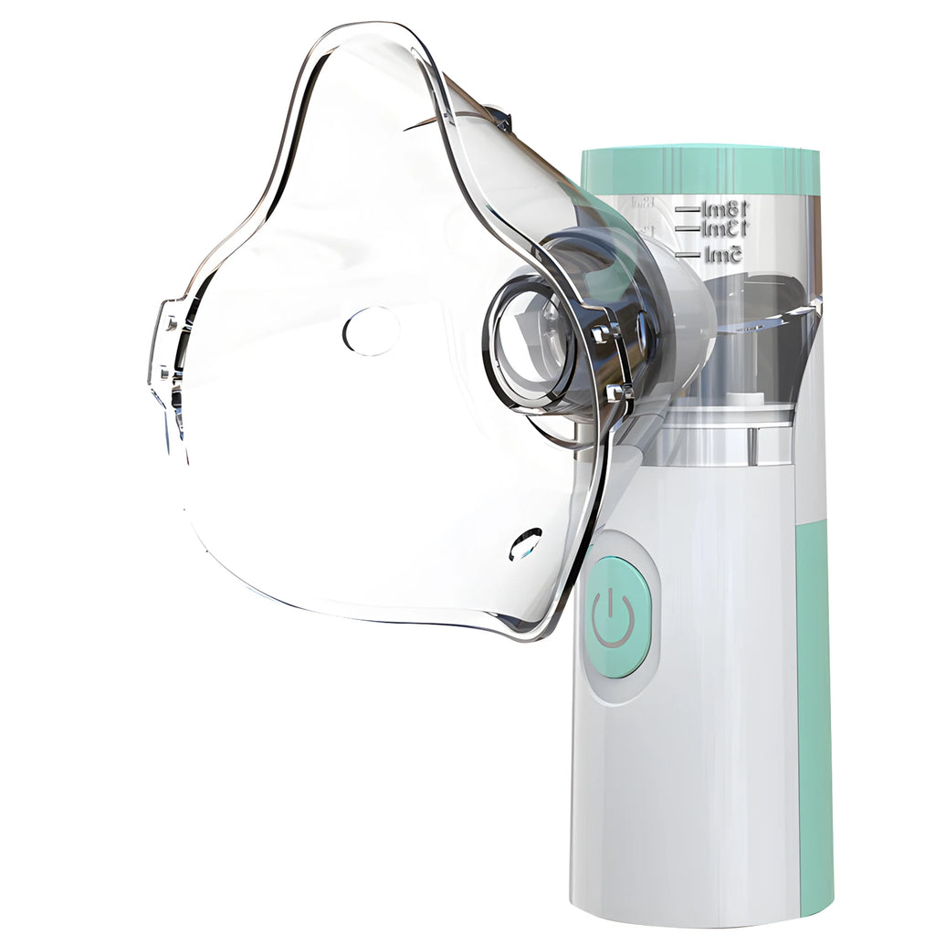 White and mint nano eye steamer and humidifier mask for dry eye relief, fatigue, and moisturizing facial mist therapy.