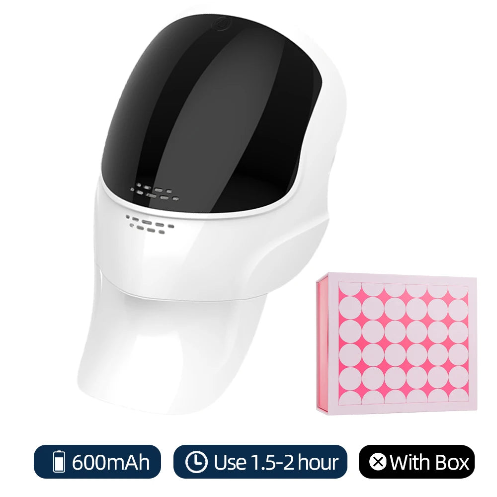 White and black wireless LED face and neck mask next to a pink patterned gift box.
