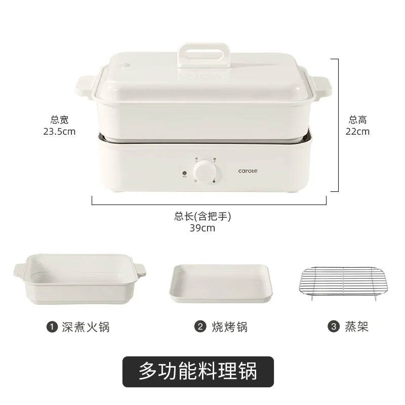 7L electric hot pot with glass lid, white base and side handles, includes steaming rack.