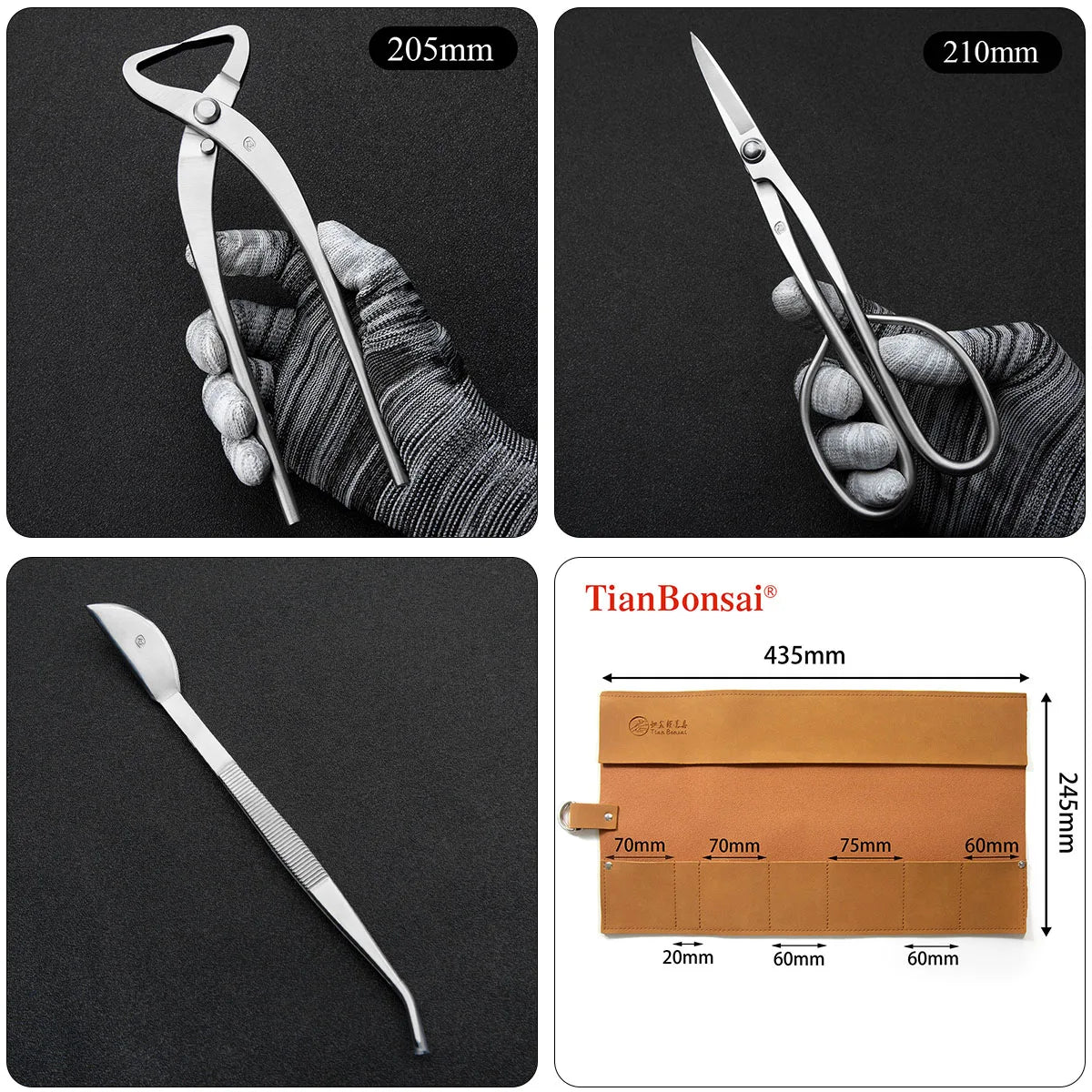 Bonsai pruning tool set with metal shears and wire cutters, displayed on a hand