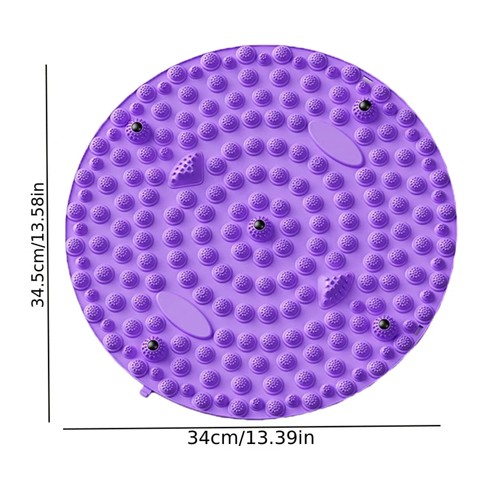Round purple acupressure foot massage pad, 34cm walking mat for reflexology, yoga, and pain relief training.