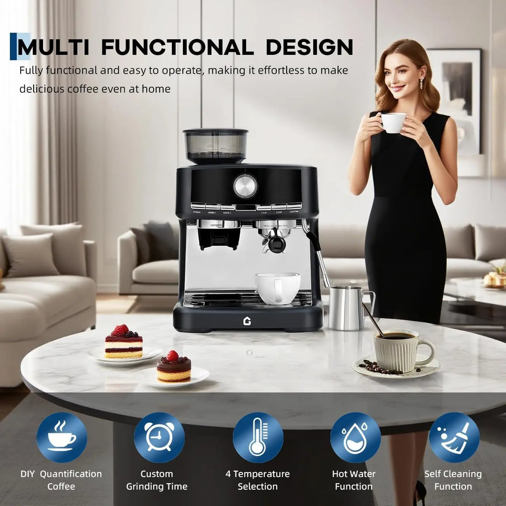 Black G brand espresso machine with built-in grinder on a marble table with a woman holding a coffee cup.
