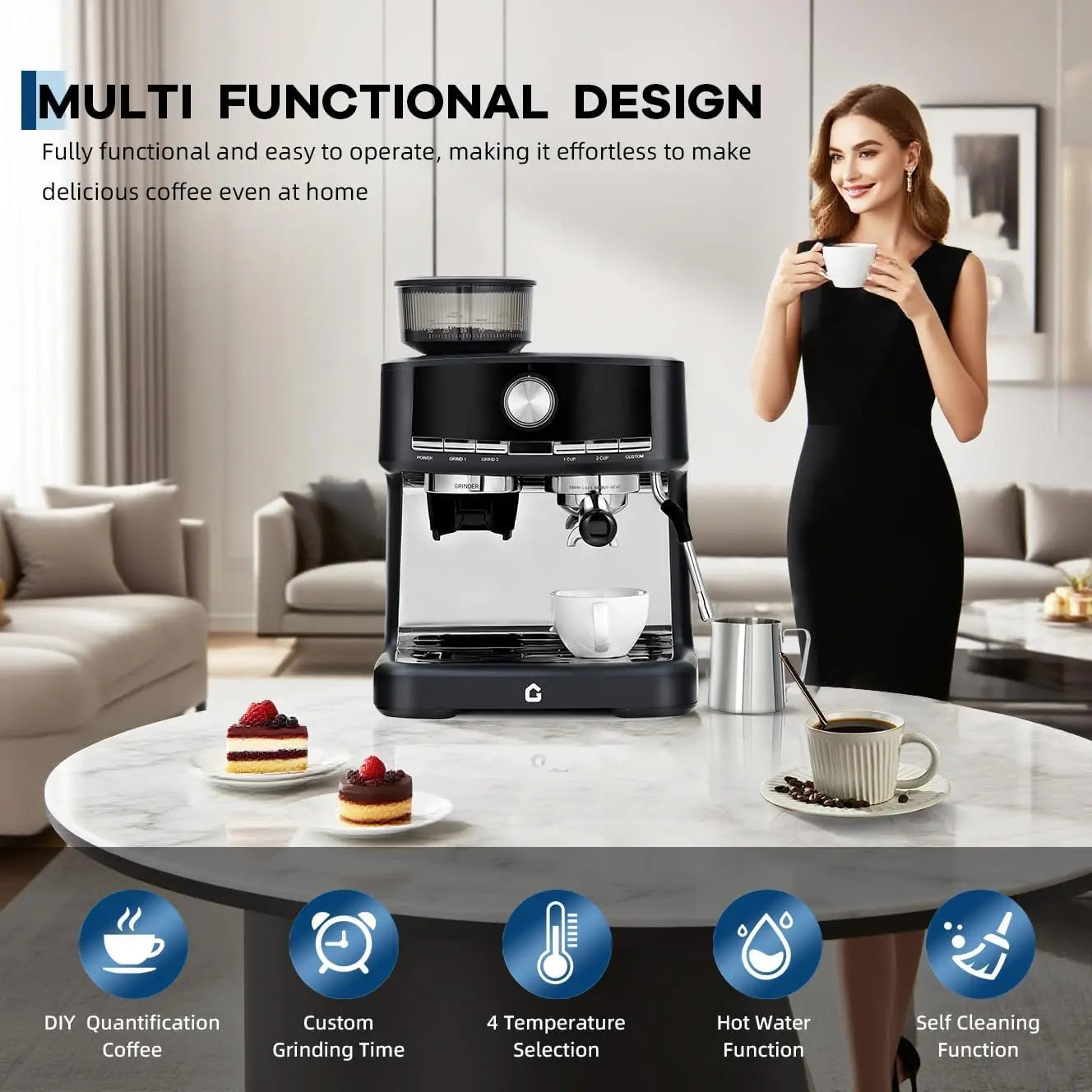 Gevi black espresso machine with built-in grinder on a kitchen table with a woman holding a coffee cup.