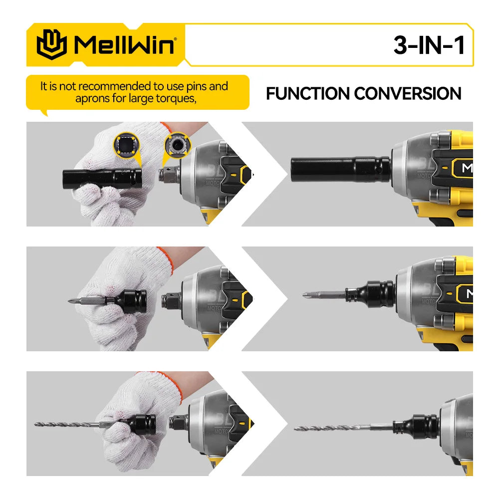 MELLWIN 520N·m Brushless 3IN1 Electric Impact Wrench Cordless Electric Drill Screwdrive Power Tool Set For Makita 18VBattery Pin