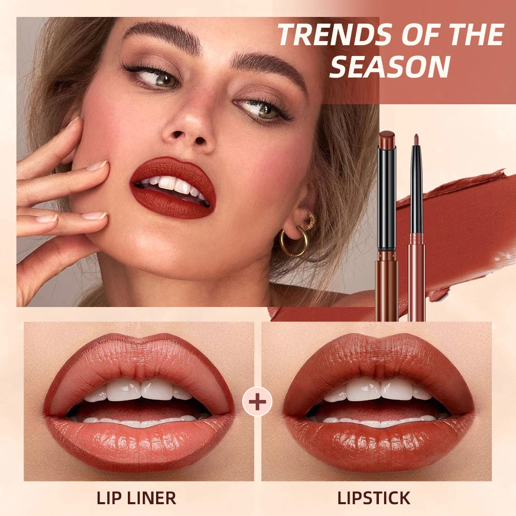 QIBEST 2pcs matte velvet lipstick and lip liner set in sexy red for defined, contoured lips with a smooth finish.