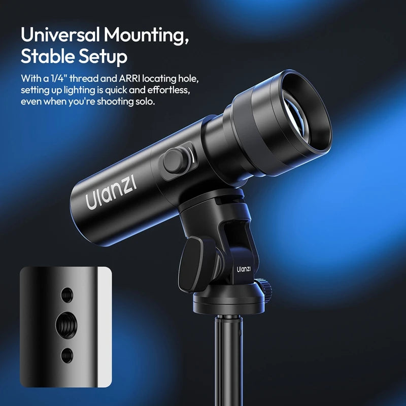 Black cylindrical LED video light on an adjustable tripod mount, featuring a 1/4" thread and ARRI locating hole.
