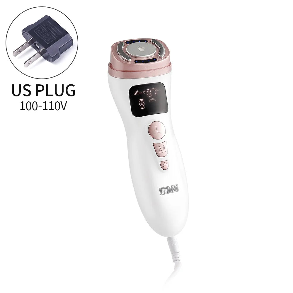 White and rose gold handheld HIFU facial device with digital display, buttons, and a US plug power adapter.