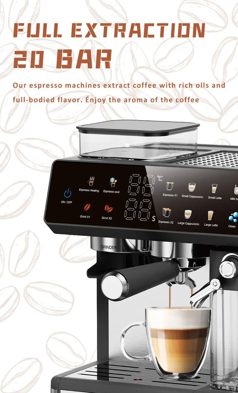Black 20-bar espresso machine with digital touchscreen, integrated coffee grinder, and glass milk carafe.