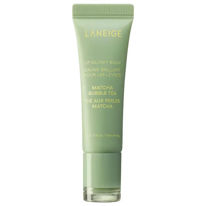 Laneige Lip Glowy Balm in Matcha Bubble Tea: light green squeeze tube with nourishing gloss treatment for lips.