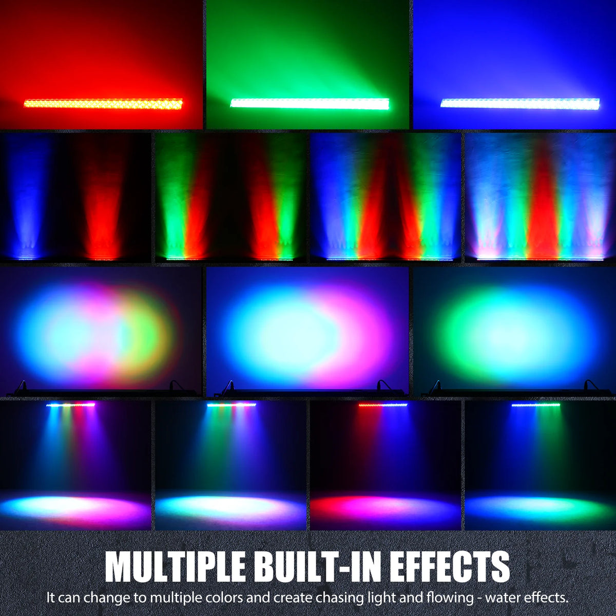 RGB LED wall washer bars projecting smooth multicolor beams across a wall