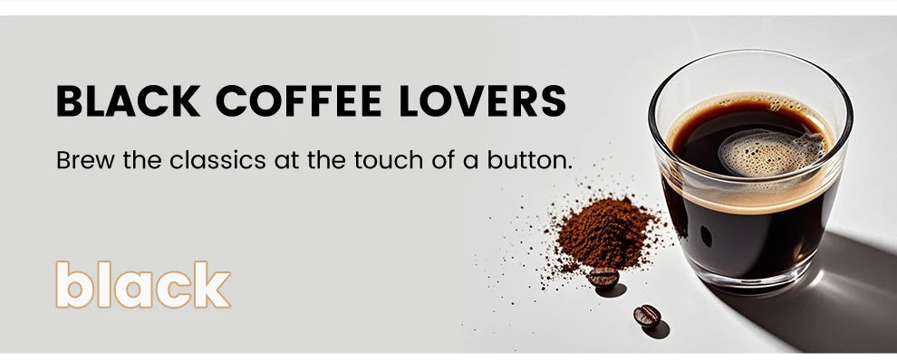 Glass of black coffee with crema and coffee grounds, promoting a one-touch automatic coffee maker for coffee lovers.