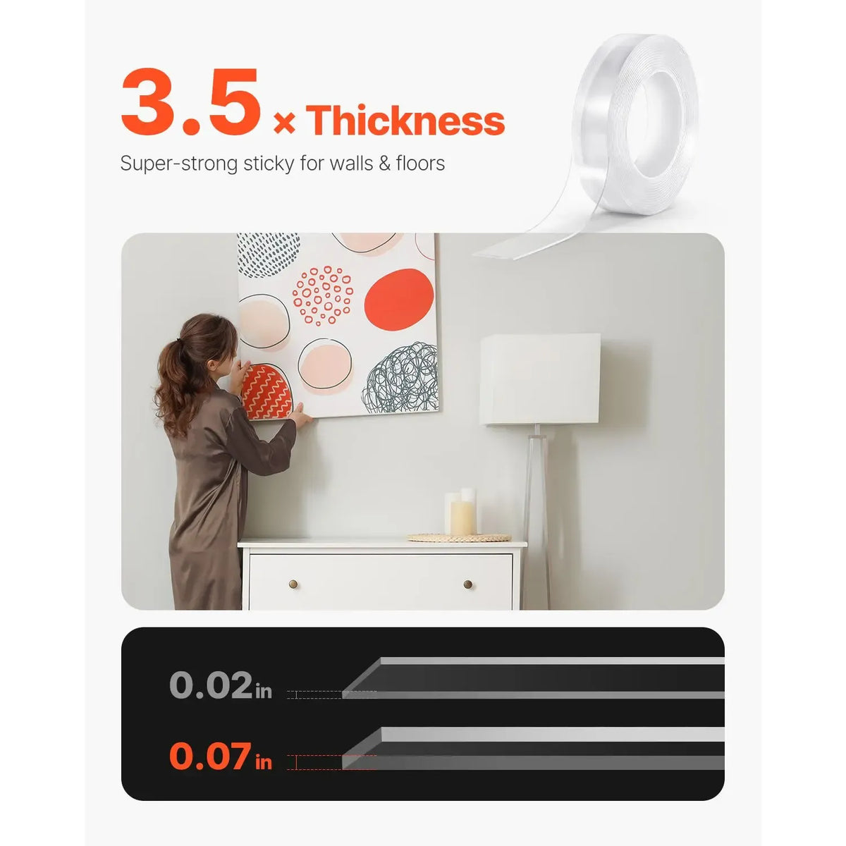 Heavy Duty 16 ft Long Double Sided Tape Nano Clear Cloth Wall Tape with Strong Adhesive Reusable and Removable