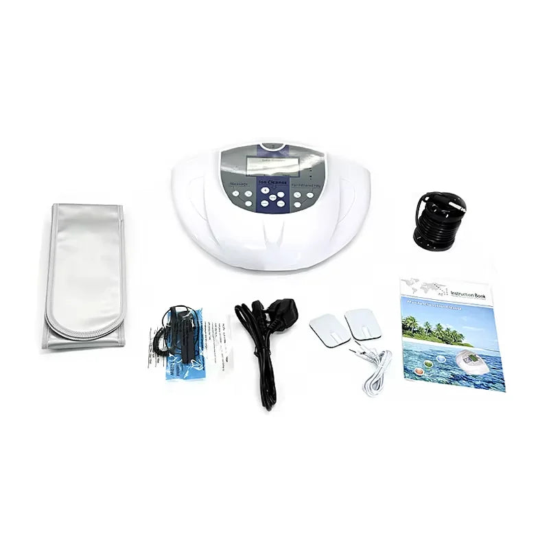 Ionic foot bath detox machine kit with white control unit, ion array, power cords, wrist strap, and user manual.