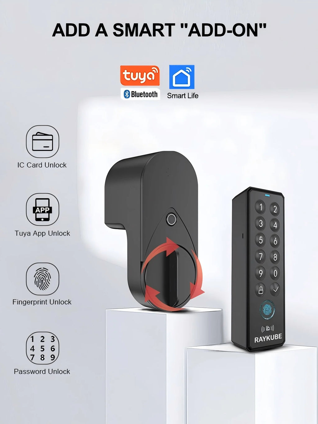 New RAYKUBE EG One Tuya BLE Smart Lock + Wireless Fingerprint and PIN Pad FP01 Bundle – Drill-free, Easy Installation
