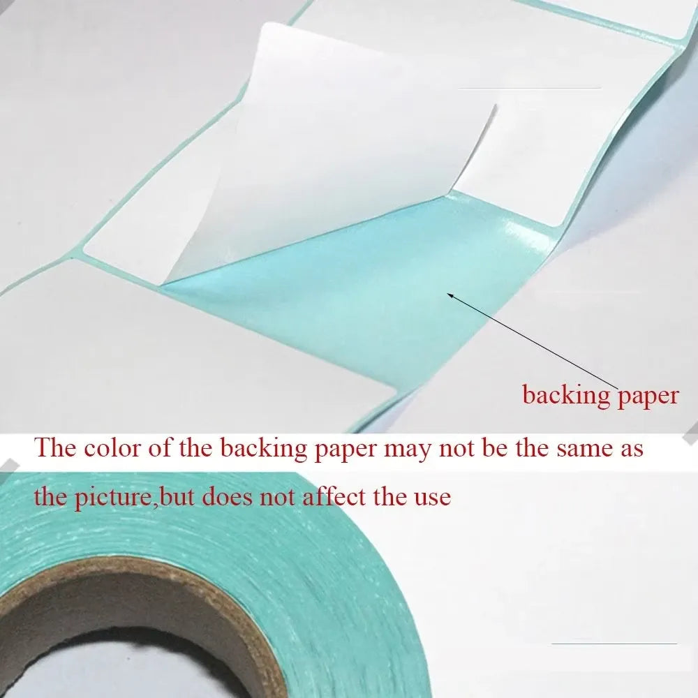 Thermal label sticker strip peeled from backing paper, white labels with teal edges