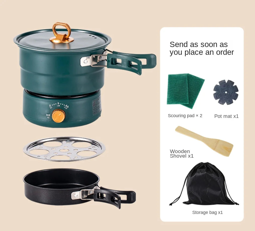 Teal electric multi cooker kit with lidded pot, inner pan, and included accessories