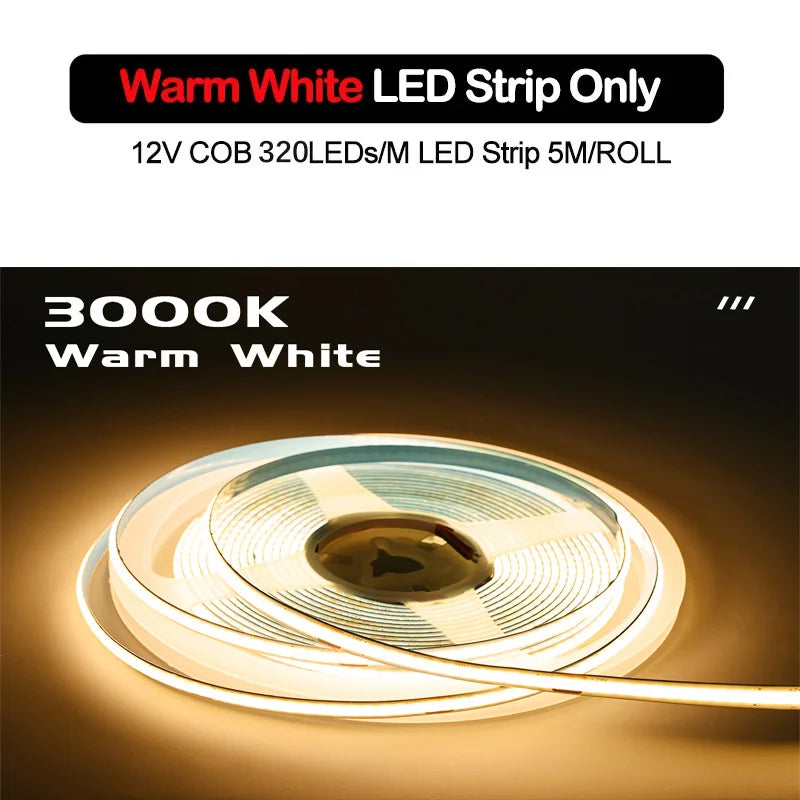 Warm white COB LED strip roll, 12V, 320 LEDs per meter, 5m length