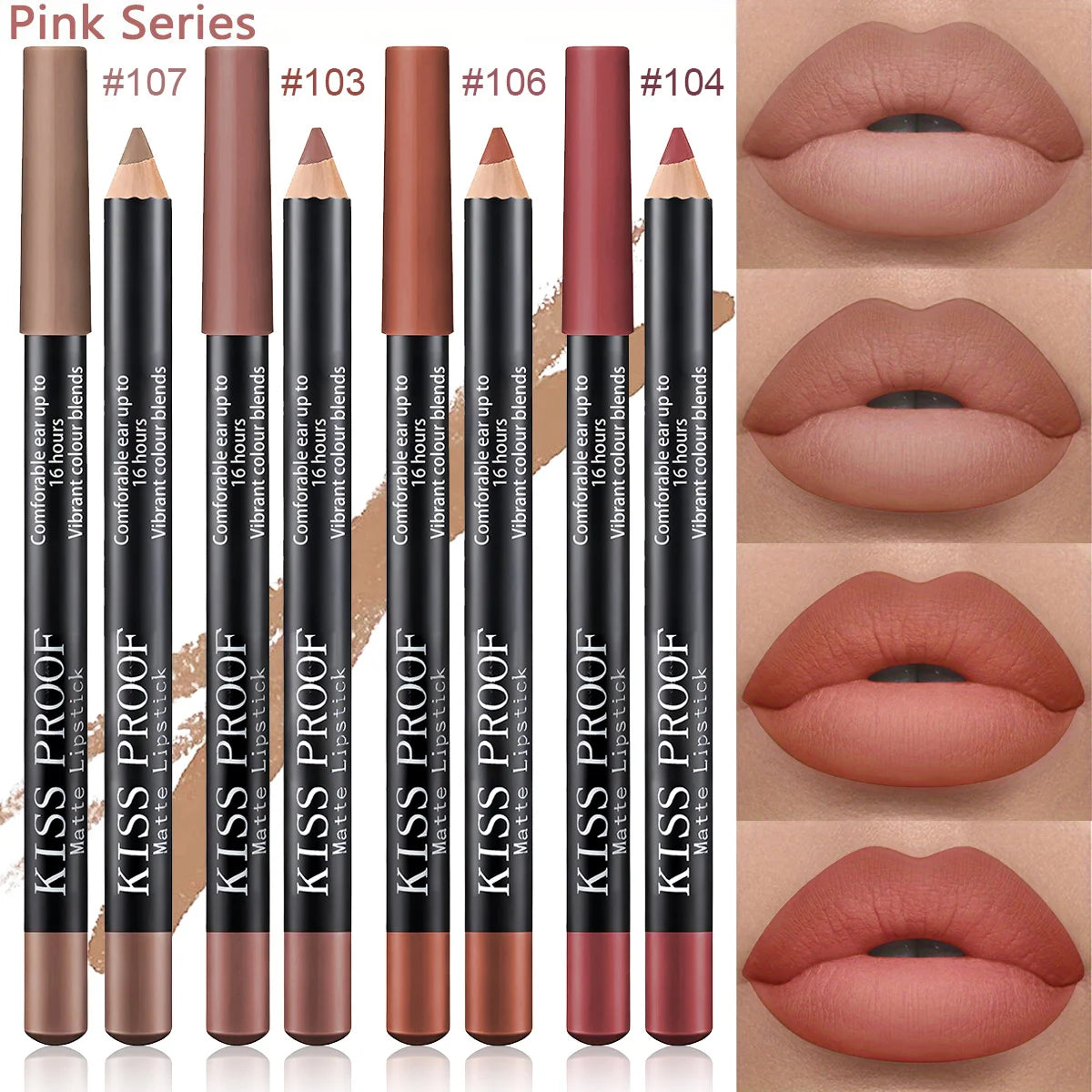 4-piece velvet matte lipstick pencil set in nude brown shades with waterproof, long-lasting color swatches on lips.