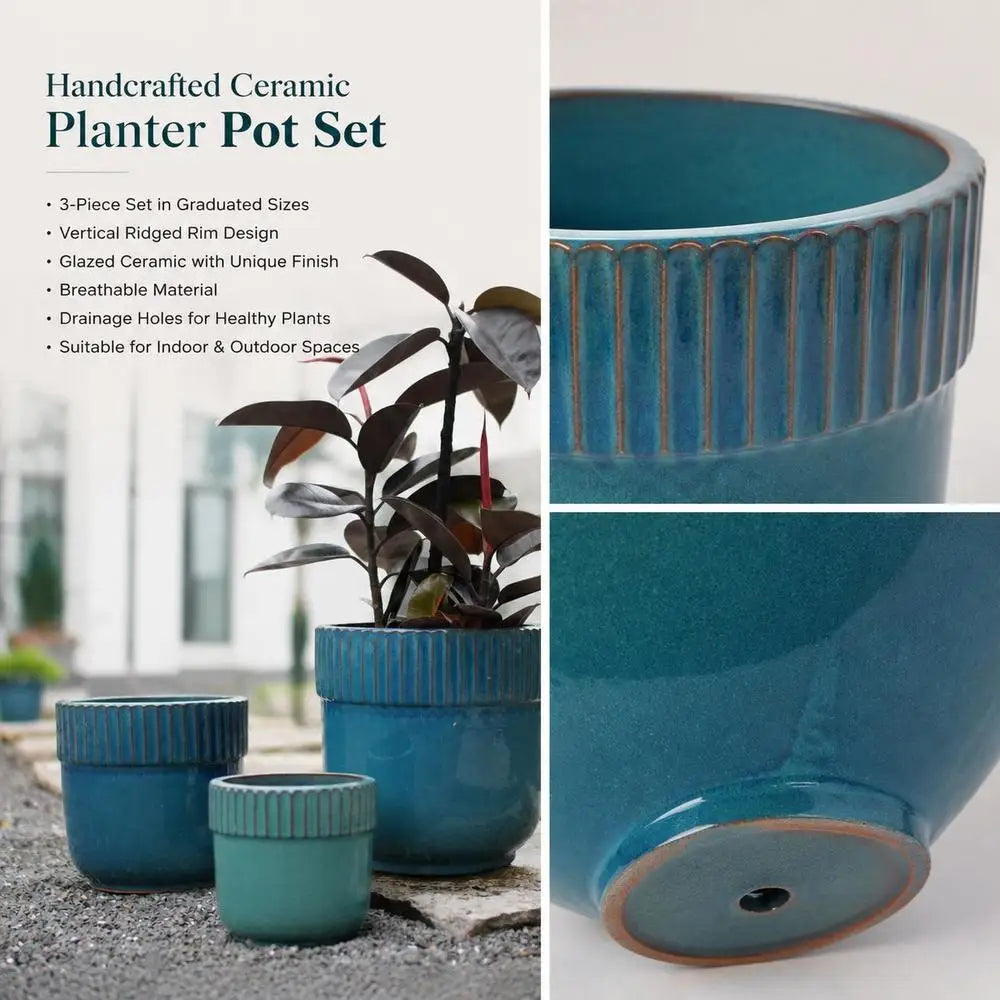 Handmade Ceramic Plant Pot Set Of 3, Glossy Turquoise Blue With Vertical Ribbed Rim, Breathable Design With Drainage Holes For Indoor Outdoor Garden Balcony