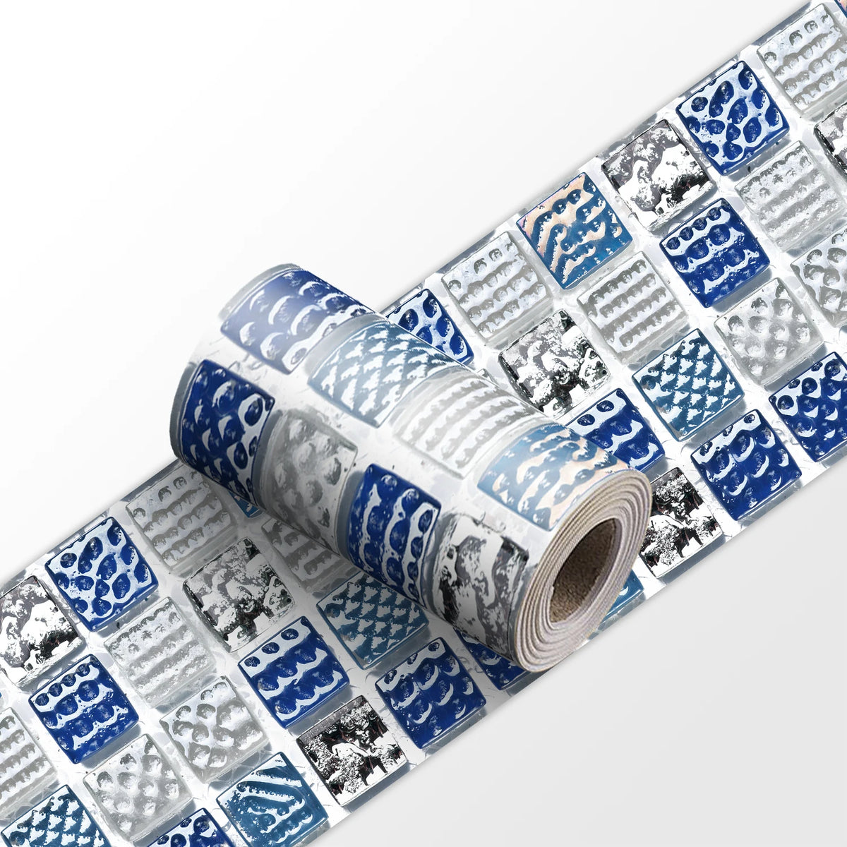 Mosaic tile wall sticker strip roll with blue and silver square tiles pattern