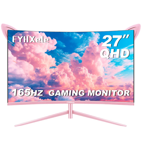 Pink 27-inch curved gaming monitor with cat-ear top accents, QHD resolution, 165Hz, on a sleek pink stand.