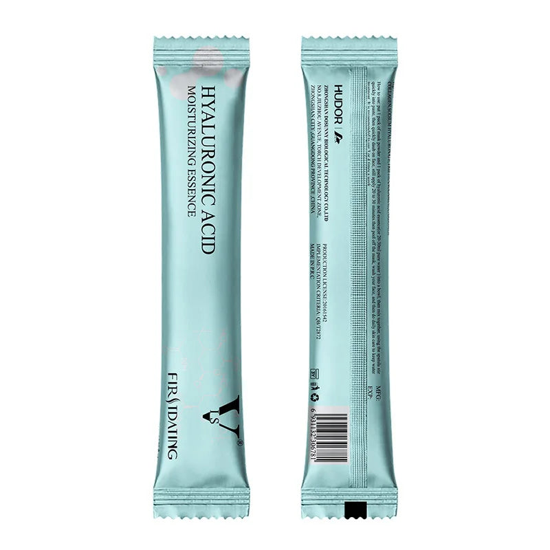 Two long, light blue sachets of Hyaluronic Acid moisturizing essence for jelly masks, shown front and back.