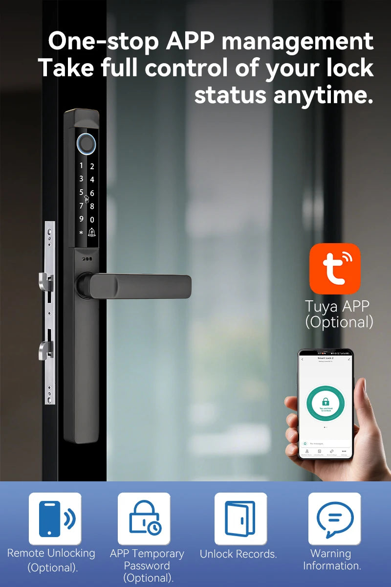 Tuya App Smart Door Lock Waterproof Fingerprint Password Card Bridge-Cut For Outdoor Pull Push Sliding Grille Door
