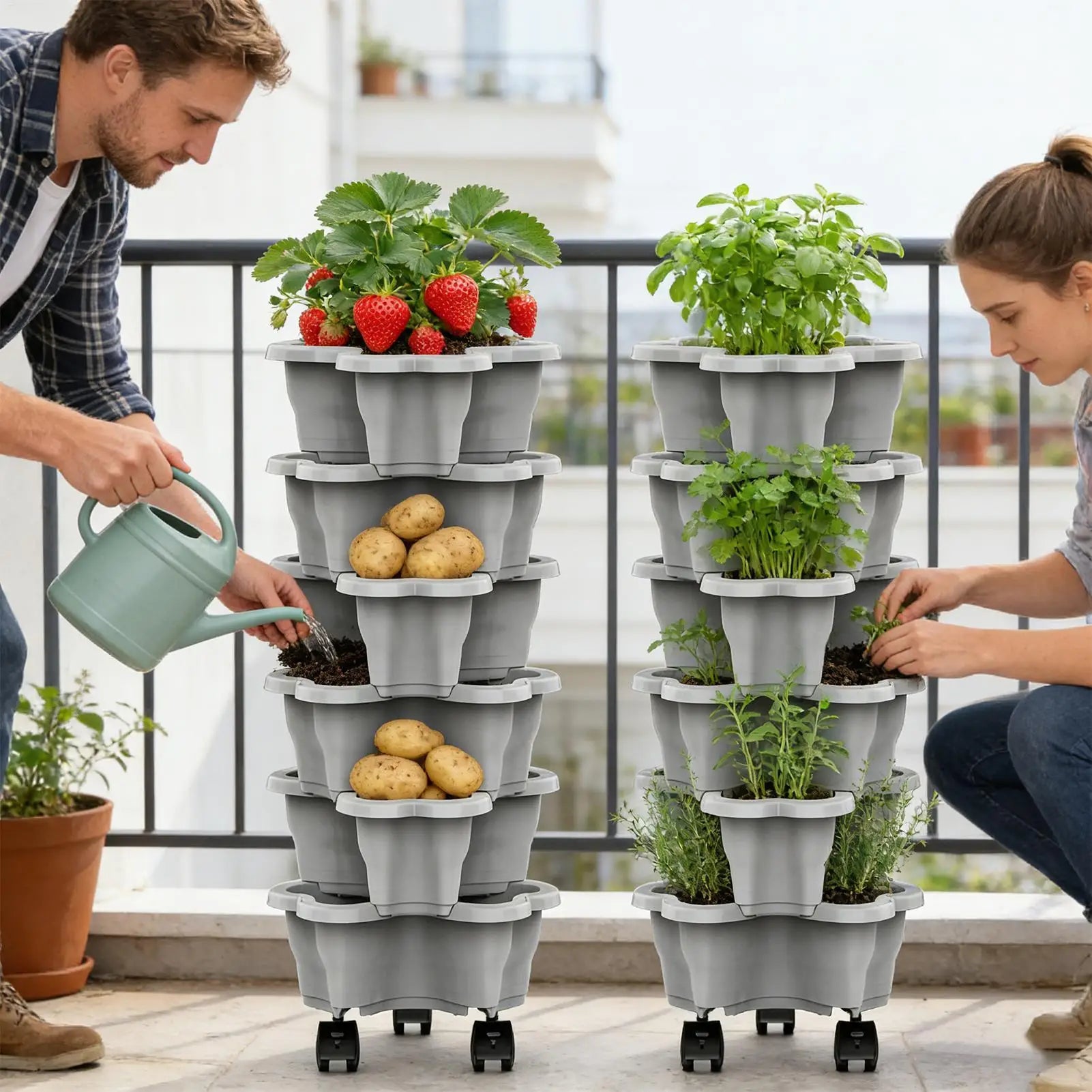 Stackable Vertical Planter 4/5/6-Tier with Wheels Weatherproof Plastic Flower Pot Garden Towers for Vegetable Strawberry Planter