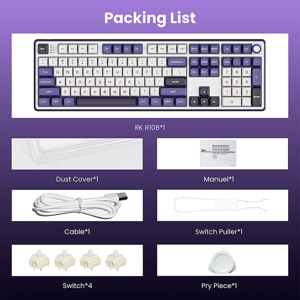 RK Royal Kludge R108 Wired Mechanical Keyboard 100% 108 Keys MDA PBT Keycap Gasket RGB Hot-swappable Gamer Keyboard Metal Knob