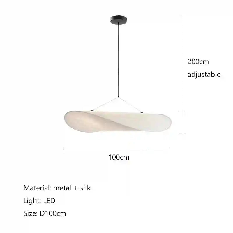 100cm white silk LED pendant light, disc-shaped, with black adjustable metal ceiling mount for interior lighting.
