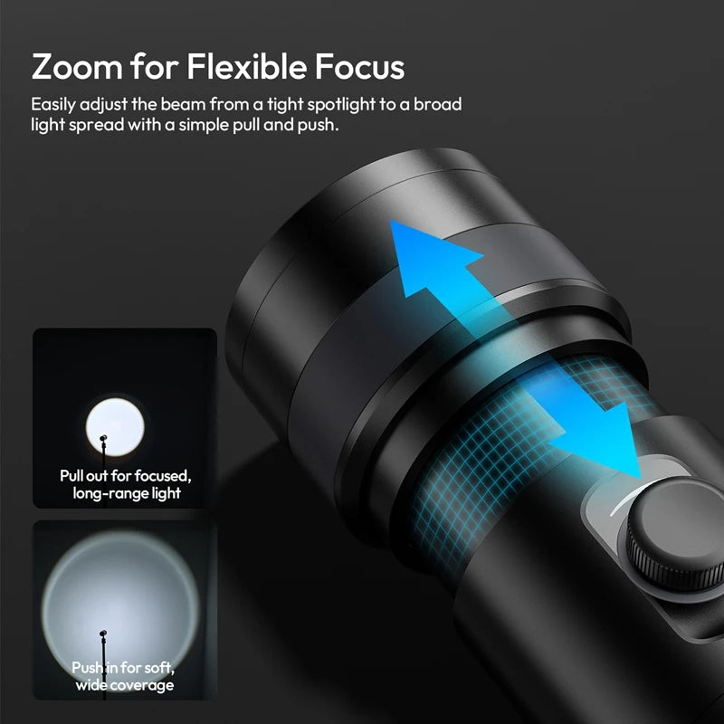 Black metal flashlight with an adjustable zoom lens head that pulls and pushes to switch between spotlight and