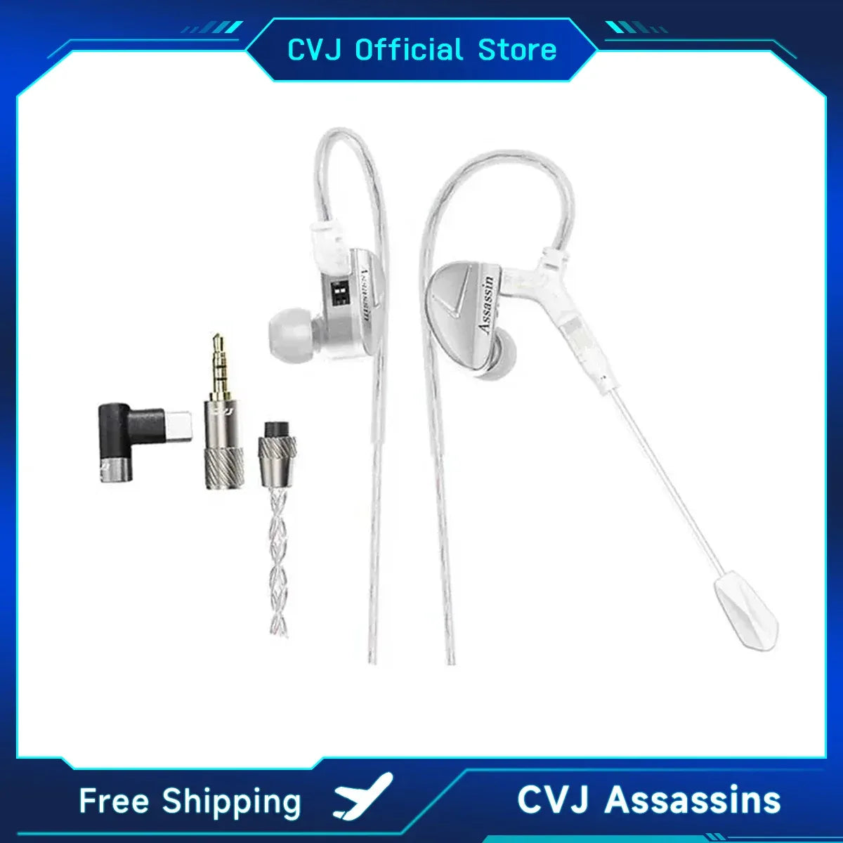 CVJ Assassin Silver in Ear Earphones 1BA+1DD+1Vibrate Game Mode HIFI Microphone Hybrid Tuning Switch Wired Earbuds IEM Headphone Tidesmit