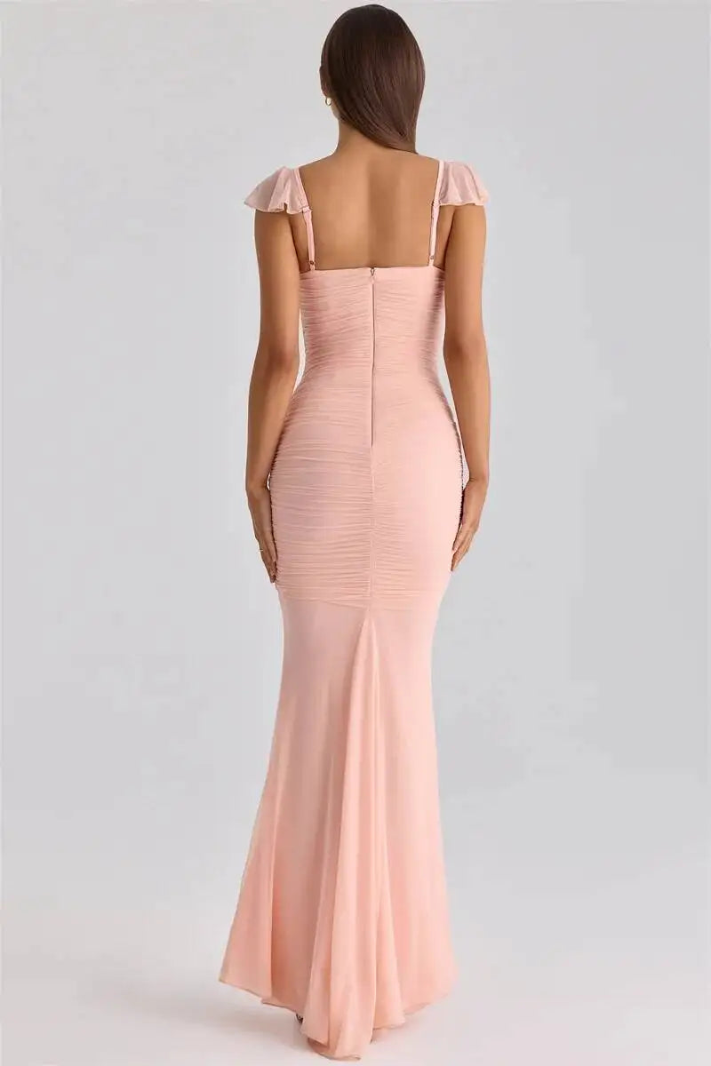 Mozision Sweetheart Neck Sexy Mermaid Maxi Dress Women Elegant Ruffle Sleeves Bodycon Evening Club Party Long Dress Female Gown