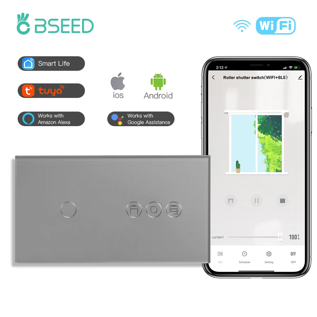 Tidesmit Smart WiFi Shutter Switch - App Controlled Roller Blind Timer Wifi 1Gang Gray Tidesmit