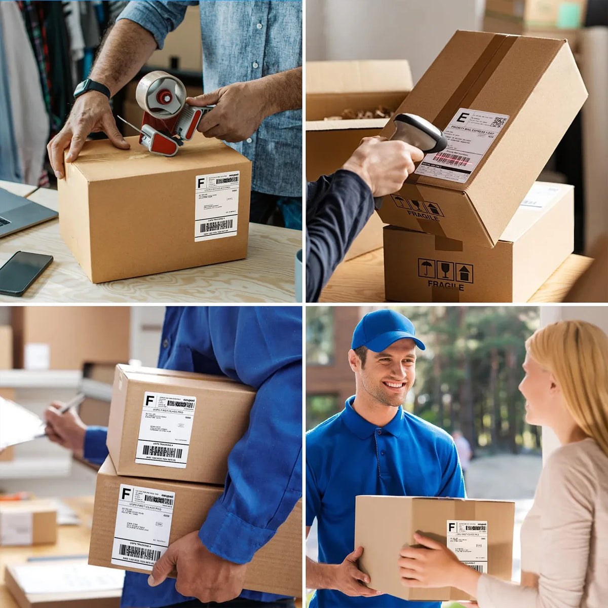 Shipping labels applied to brown cardboard boxes for parcel delivery