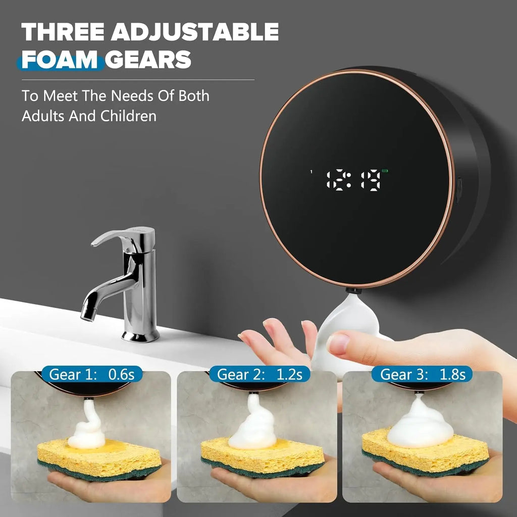 Tidesmit touchless wall mount automatic foaming soap dispenser with LED temperature display in a modern bathroom.