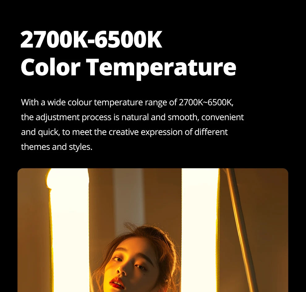 LED light wand with adjustable 2700K–6500K color temperature for professional photography and studio lighting.