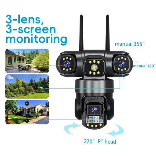 Black three-lens, three-screen PTZ outdoor Wi-Fi security camera with pan head