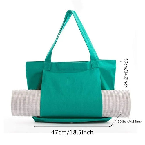 Yoga mat canvas storage bag for smart yoga mats, portable large capacity shoulder bag, side angle view with measurements.
