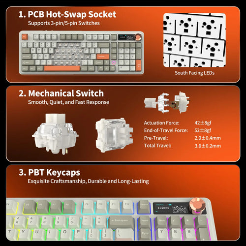 AJAZZ AK980 V2 PRO 98% gasket keyboard with gray/orange keys, TFT screen, knob, hot-swappable switches, and RGB lighting.