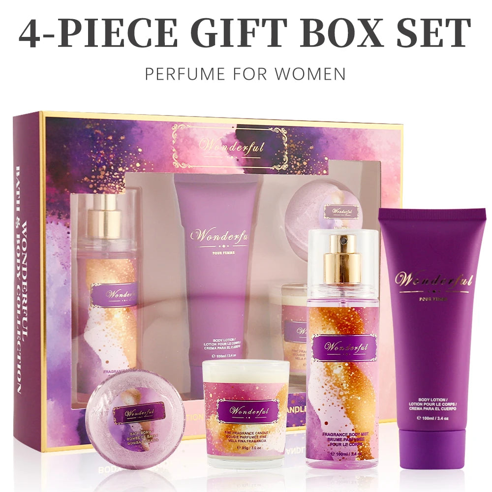 Wonderful 4-piece women’s fragrance gift set: body mist, lotion, candle, and bath bomb in purple packaging.