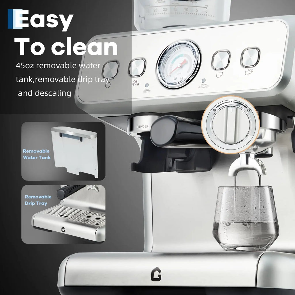 Silver stainless steel espresso machine with 45oz removable water tank, pressure gauge, and removable drip tray.