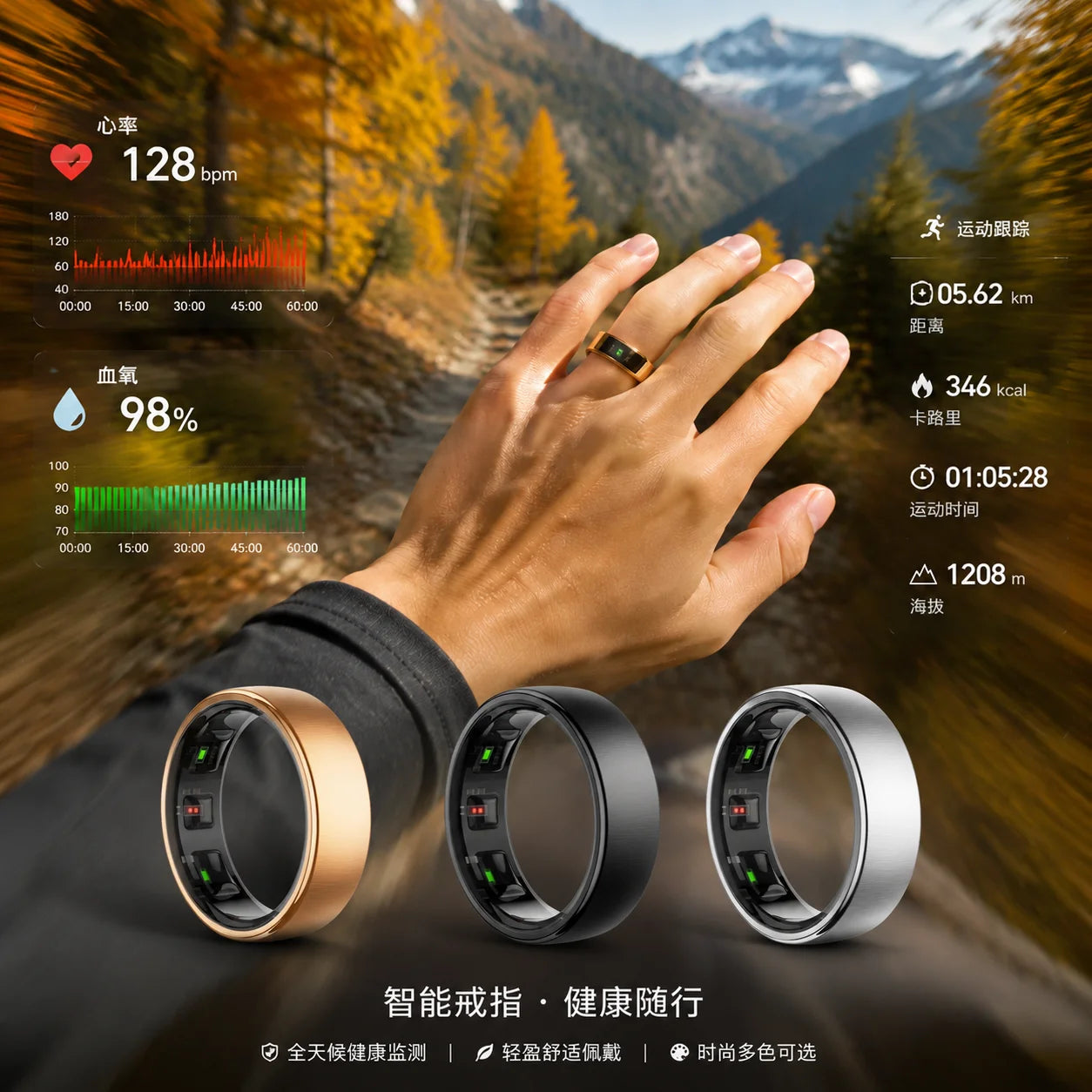 Women Men Fashion Smart Ring Fitness Tracker Health Sleep Monitor Blood Pressure Heart Rate Oxygen Monitor for Running, hiking