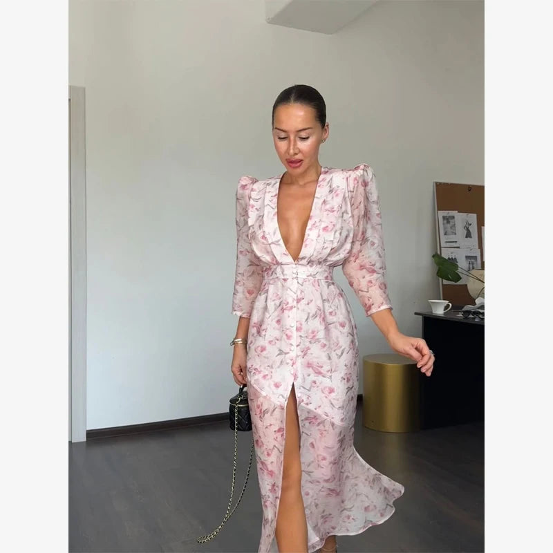 Fashion Sexy Organza Floral Printed Maxi Dress V-neck Puff Sleeve 2026 New Summer Romantic Women Party Gown Elegant Lady Vestido