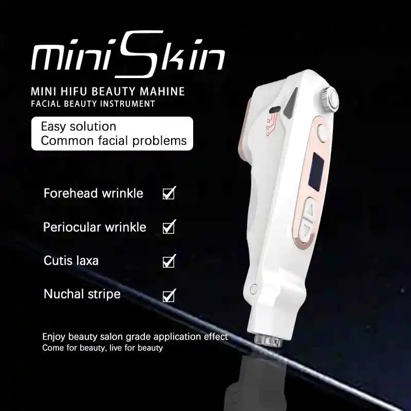 White portable Mini HIFU facial lifting machine for home anti-aging, wrinkle reduction, and ultrasonic skincare.