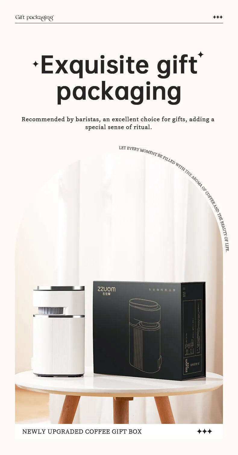 ZZUOM white coffee grinder with elegant gift box packaging, minimalist cylindrical design on a wooden table.