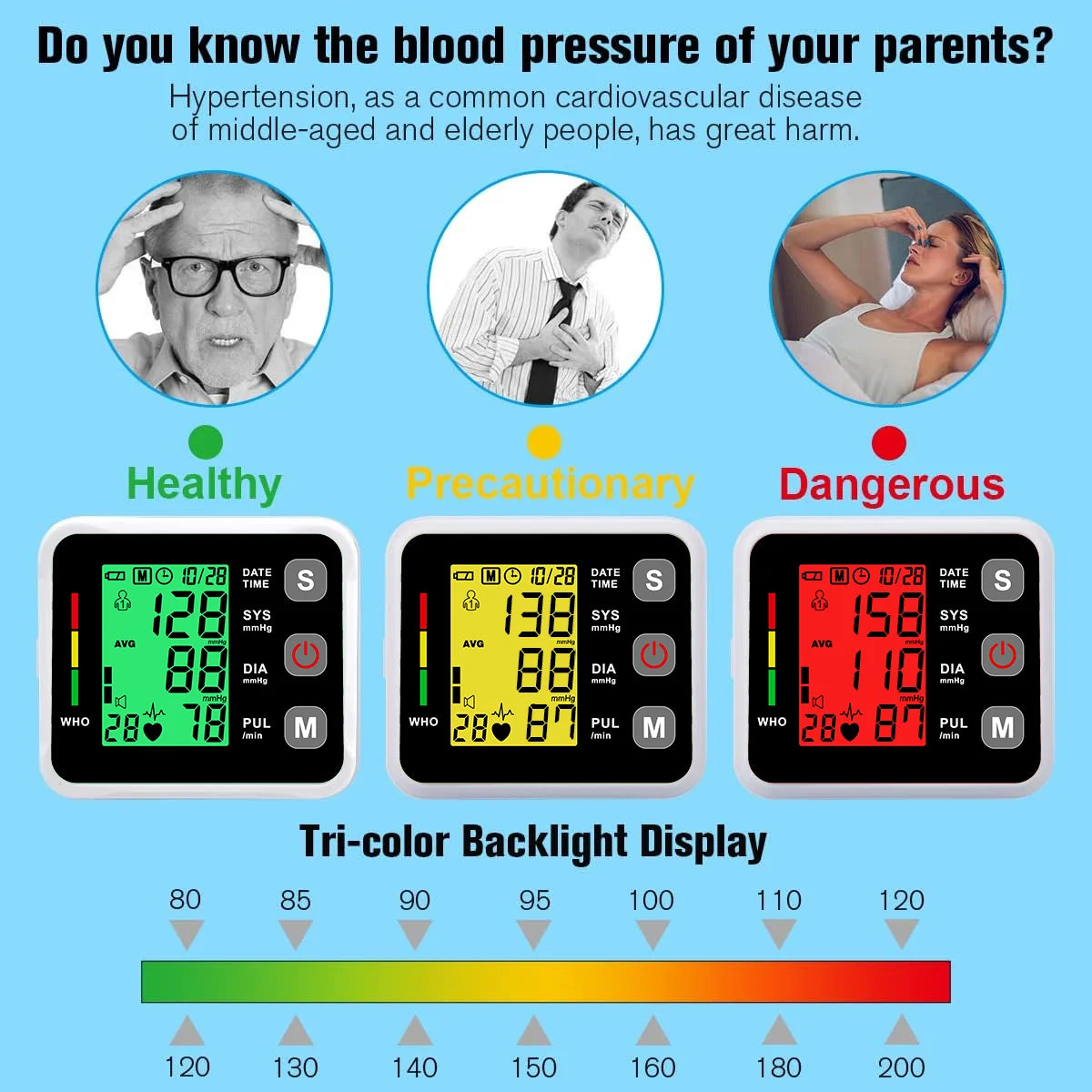 Digital Tensiometer Health Medical BP Sphygmomanometer Wrist Cuff Digital Blood Pressure Monitor Heart Rate Pulse Meter Tonomete