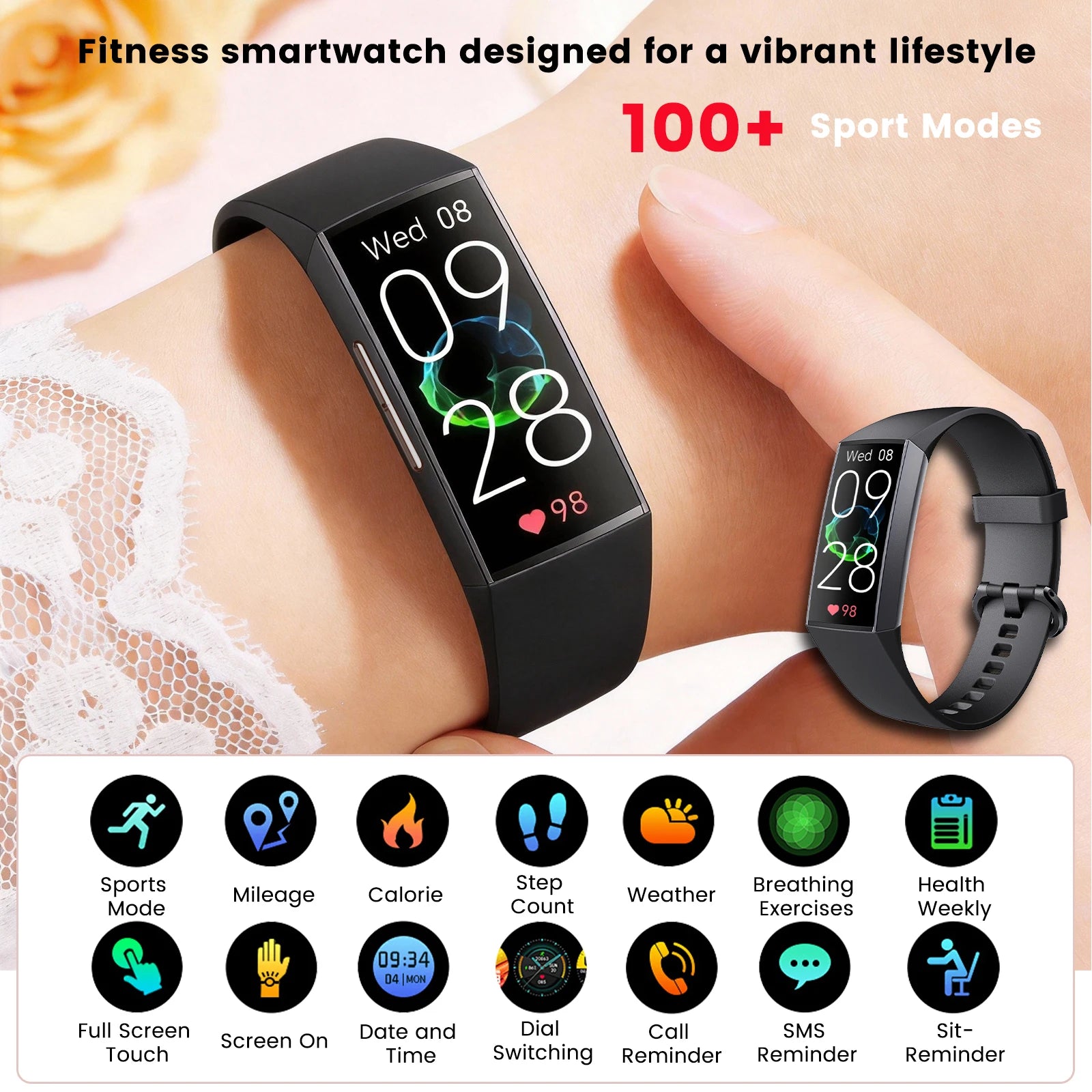 Fitness smartwatch with black band on wrist, screen showing 09:28 and icons