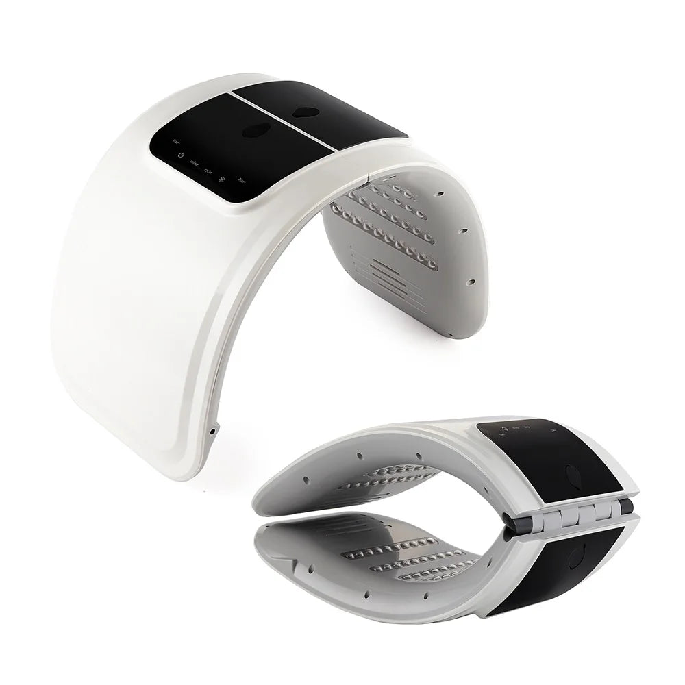 Foldable LED light therapy face mask in white and black plastic, featuring interior light bulbs for skin treatment.